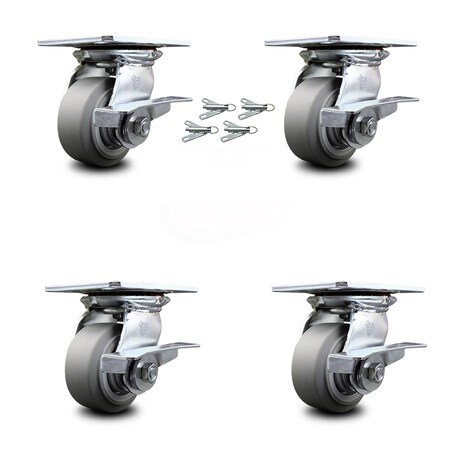 Service Caster 4 Inch Thermoplastic Caster Set with Ball Bearings and Brakes/Swivel Locks SCC SCC-35S420-TPRBF-SLB-BSL-4